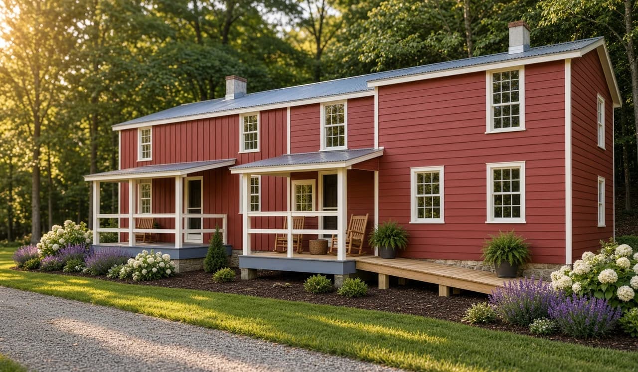 Red historic tenant house with white-trimmed windows, two covered porches and a stone foundation.