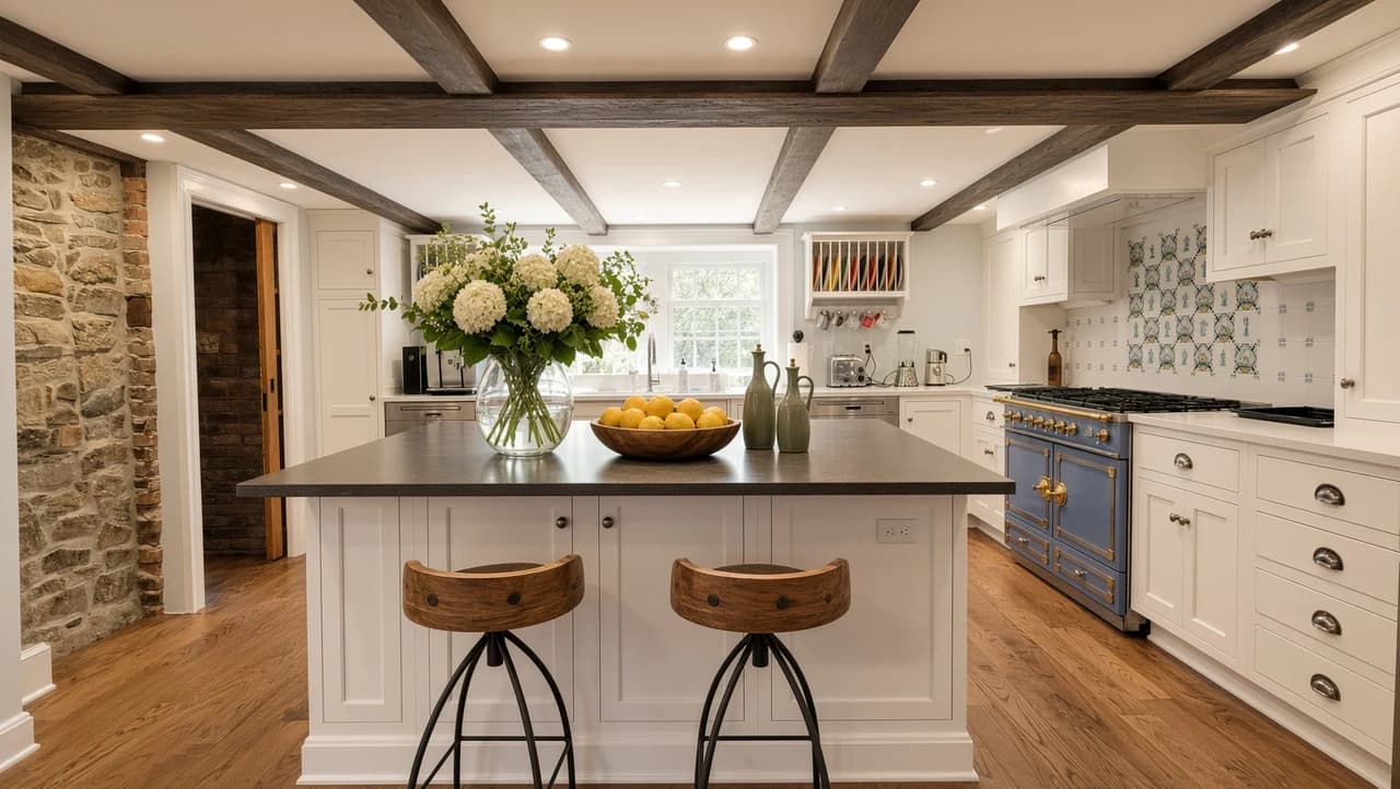 White kitchen island with two wood stools, exposed beams and a blue range with brass details.