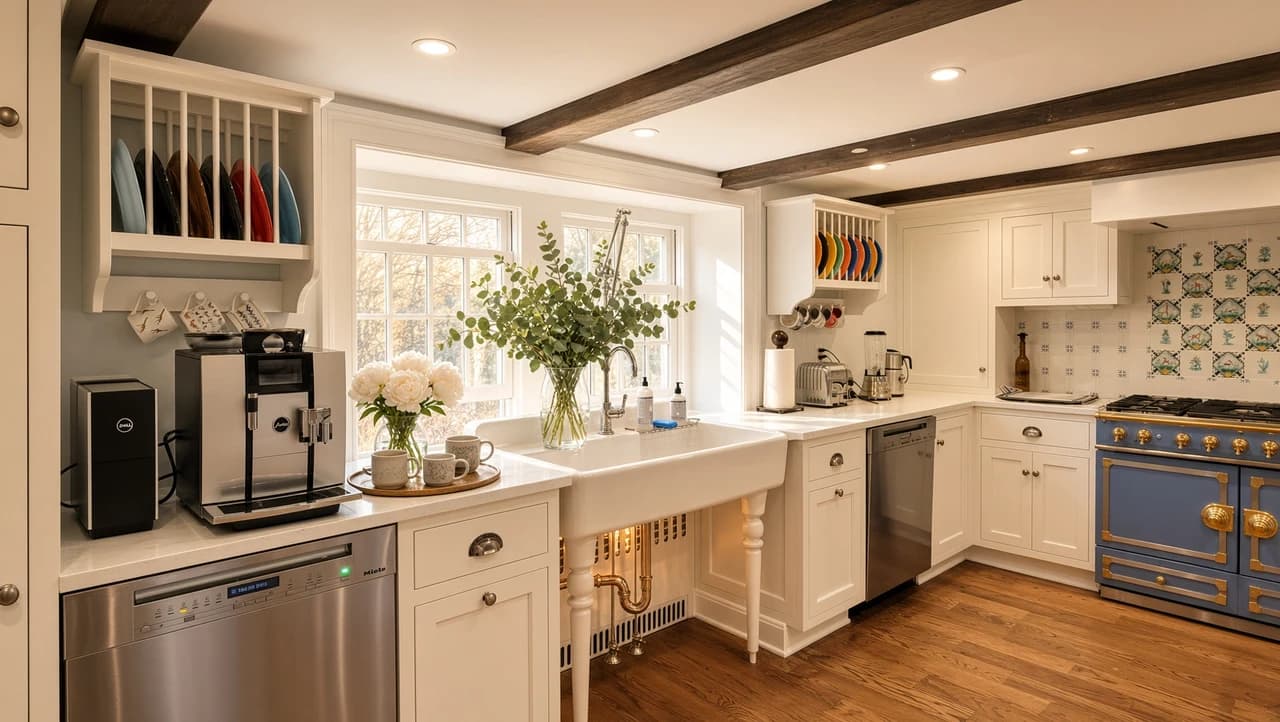 Farmhouse sink below kitchen windows, with white cabinetry, plate racks and a blue range.