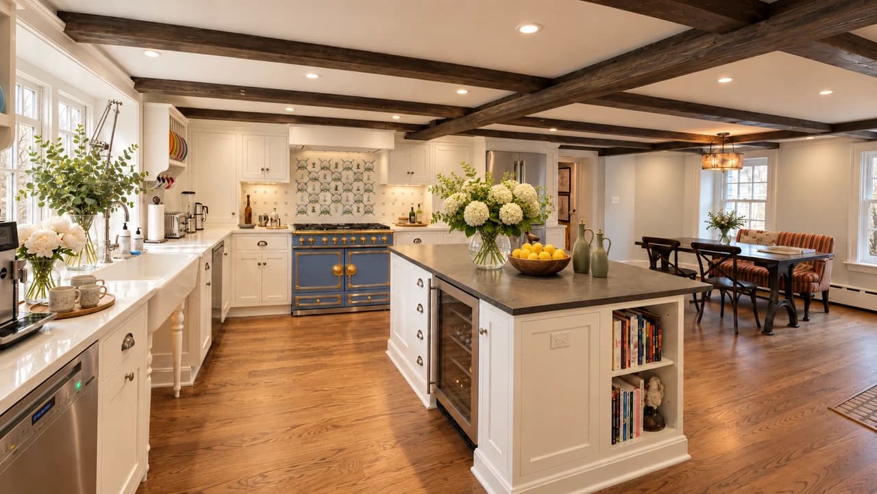 Historic kitchen with exposed ceiling beams, a blue range, white island and adjoining dining area.