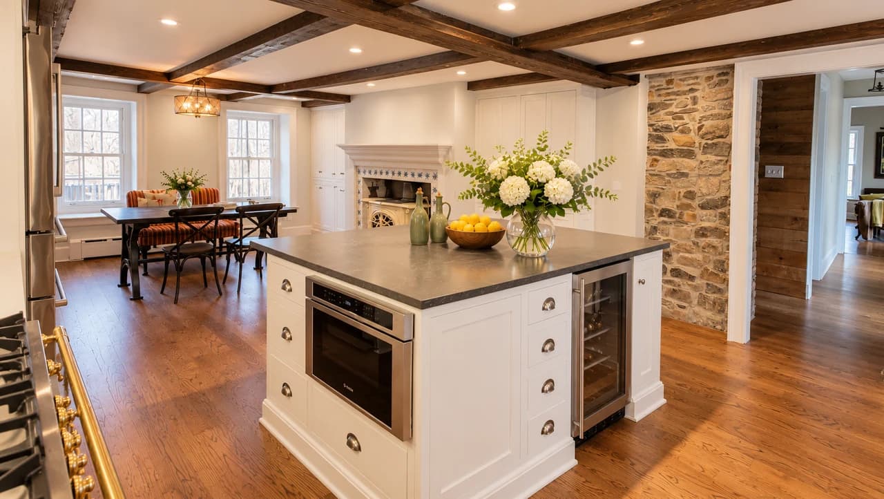 Kitchen island beside exposed stonework, with a dining nook and fireplace beyond.