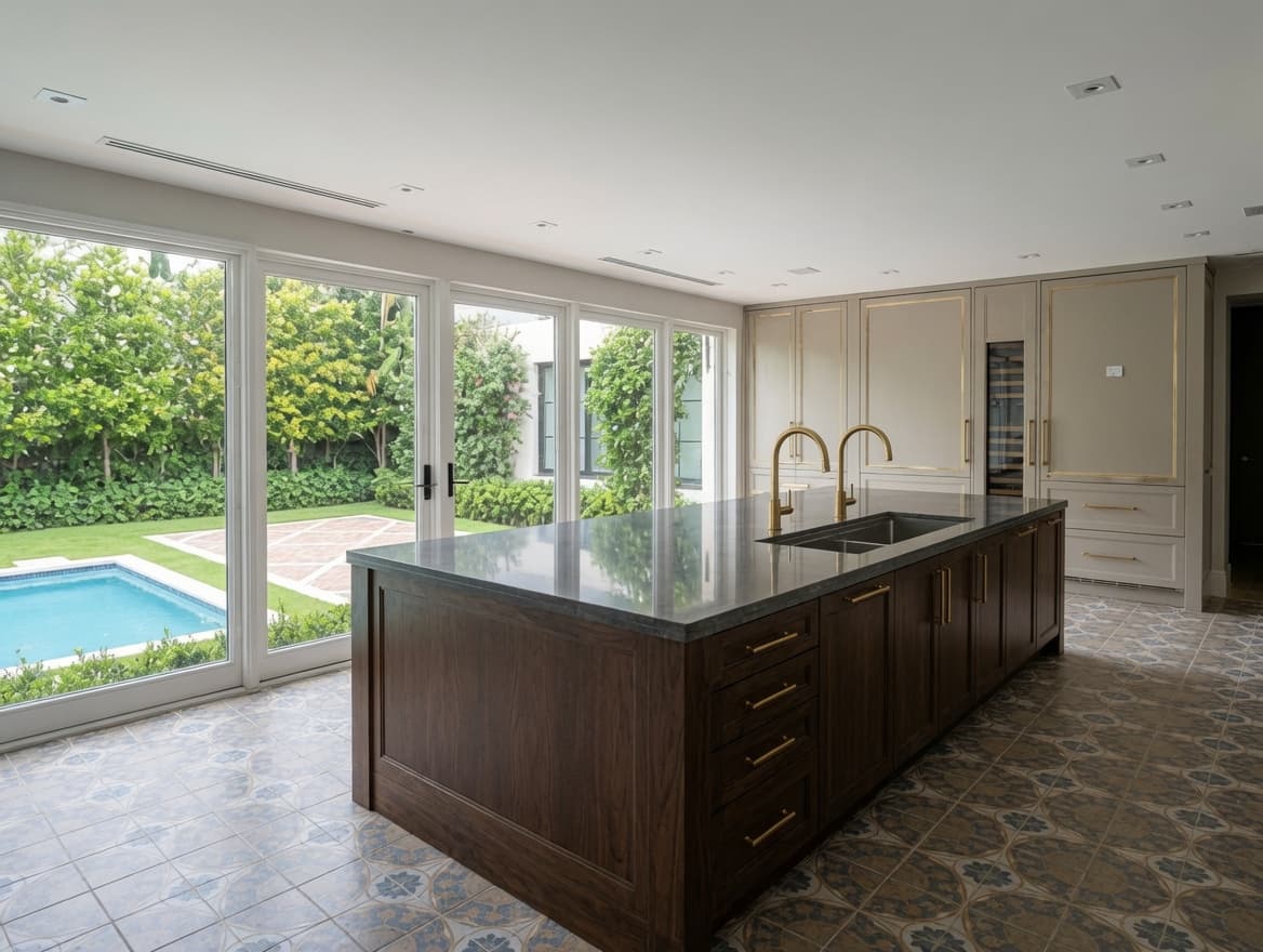 Finished kitchen with custom cabinetry, a stone island and pool views
