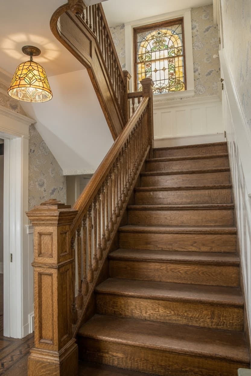Restored historic staircase, woodwork, and stained-glass window
