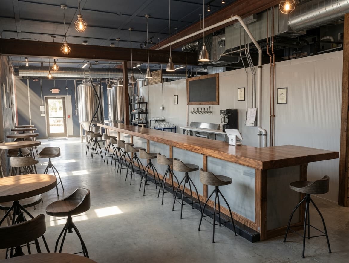 Finished brewery taproom with exposed building systems and a wood bar