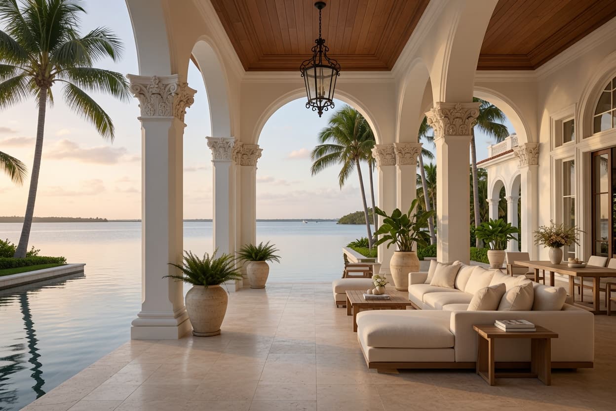 Waterfront residence with an arched terrace and pool