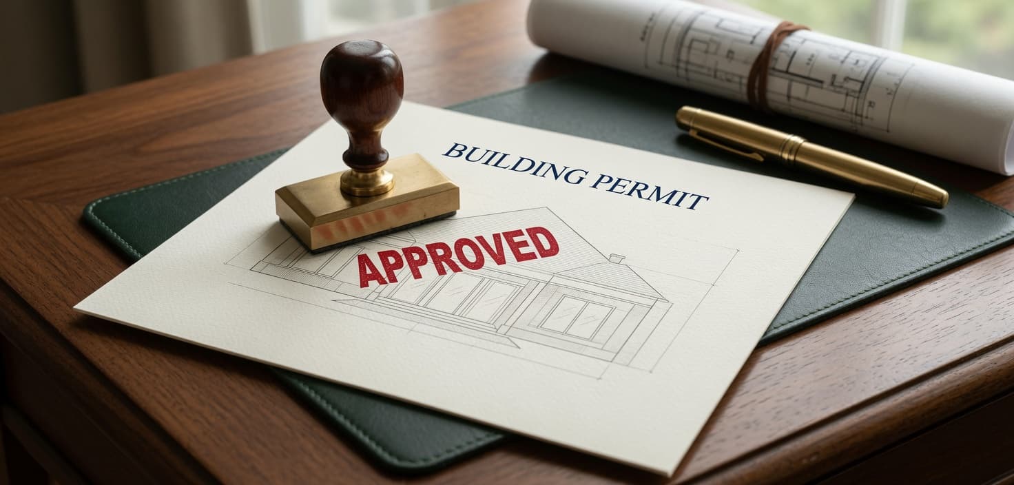 Approved building permit and architectural plans on a desk