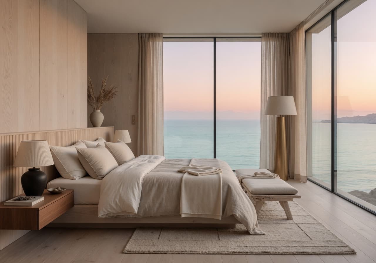 Refined coastal bedroom overlooking the water