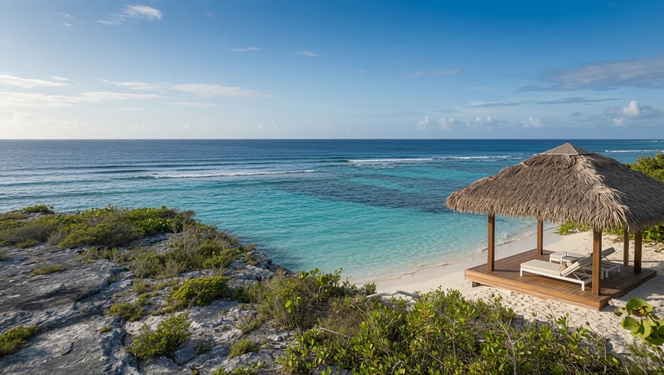 Private beach cabana overlooking turquoise water